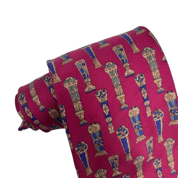 Salvatore Ferragamo Mens Tie Vases Wine Red & Blue Silk 3.5" (W) x 56.5" (L) guc - Picture 9 of 12